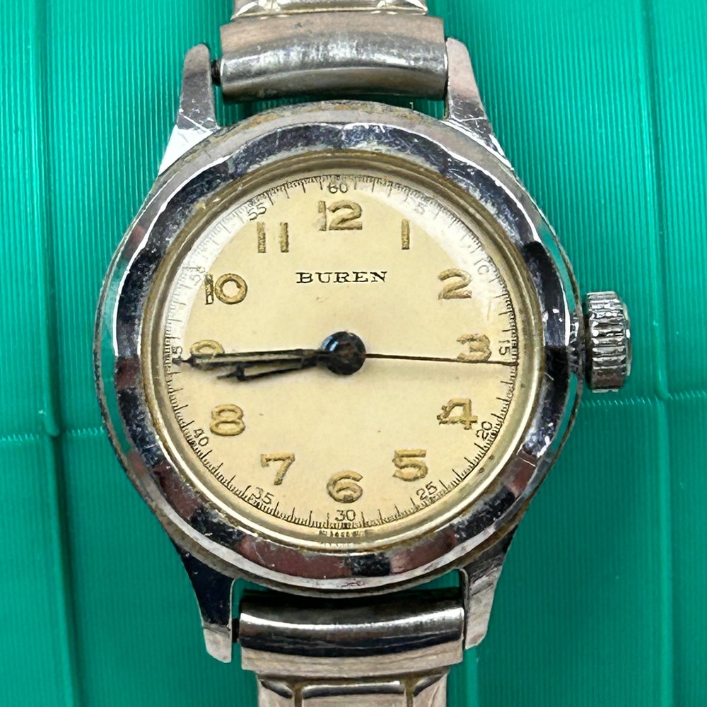 Vintage Buren Watch Silver Tone Cream Dial Arabic Numerals Expansion Band Tested